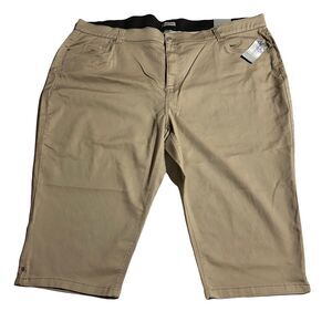CATHERINES Sateen Stretch Size 30W P Petite Capri Pants Beige Elastic Waist NWT